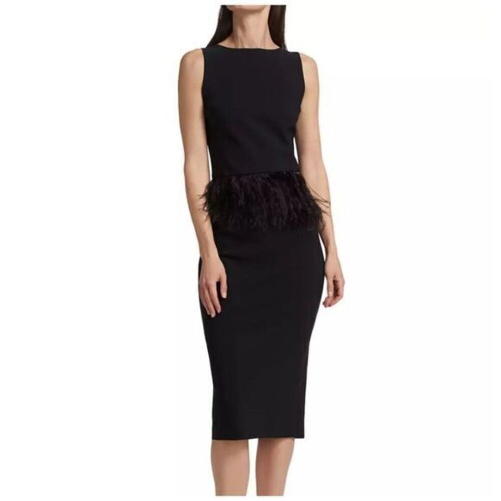 Chiara Boni Aidos Feather Peplum Black Prom Midi-Dress Sz 44 (US 8)